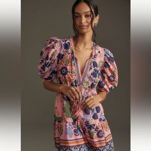 Farm Rio Seashell Tapestry Short-Sleeve Mini Dress